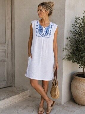 Malvin Linen White Blue Embroidered Linen Ramie Shift Tunic Dress S
